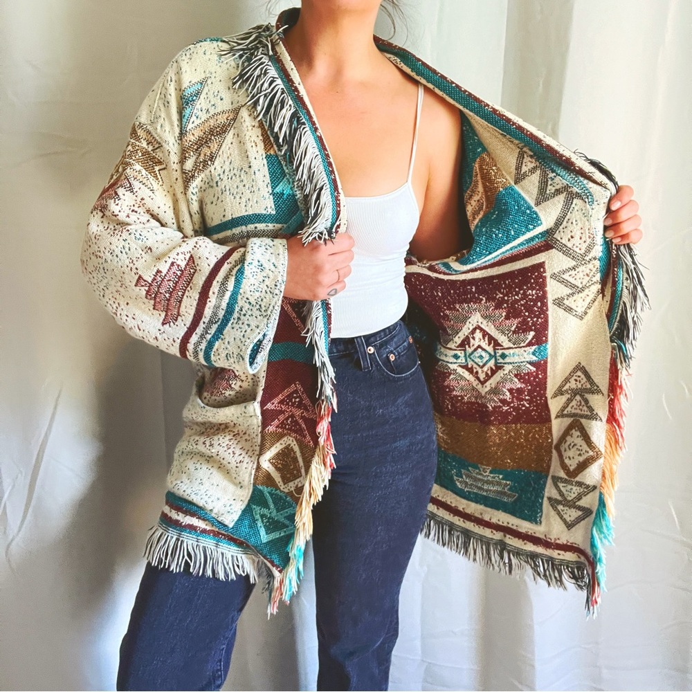 VTG Handmade Southwestern Aztec Native American Blanket Fringe Cardigan / Coat - Picture 8 of 16